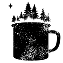A black and white distressed graphic of a campfire mug with pine trees growing out of it and a small star in the upper left, on a white background.