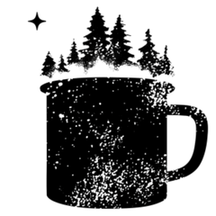 A black and white distressed graphic of a campfire mug with pine trees growing out of it and a small star in the upper left, on a white background.